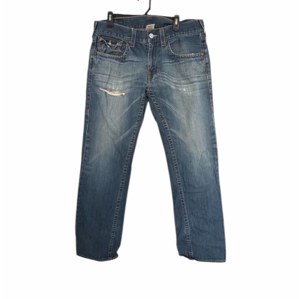 True Religion Jeans Mens 34 Blue Ricky Straight Leg Distressed Denim Inseam 33”